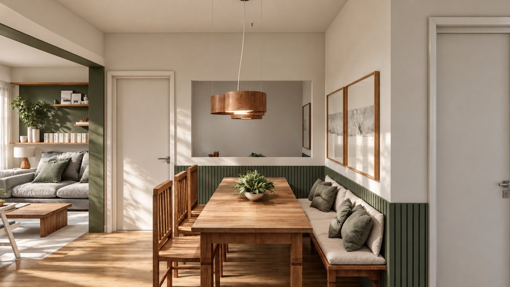 Sala de jantar com banco estofado e painel ripado verde
