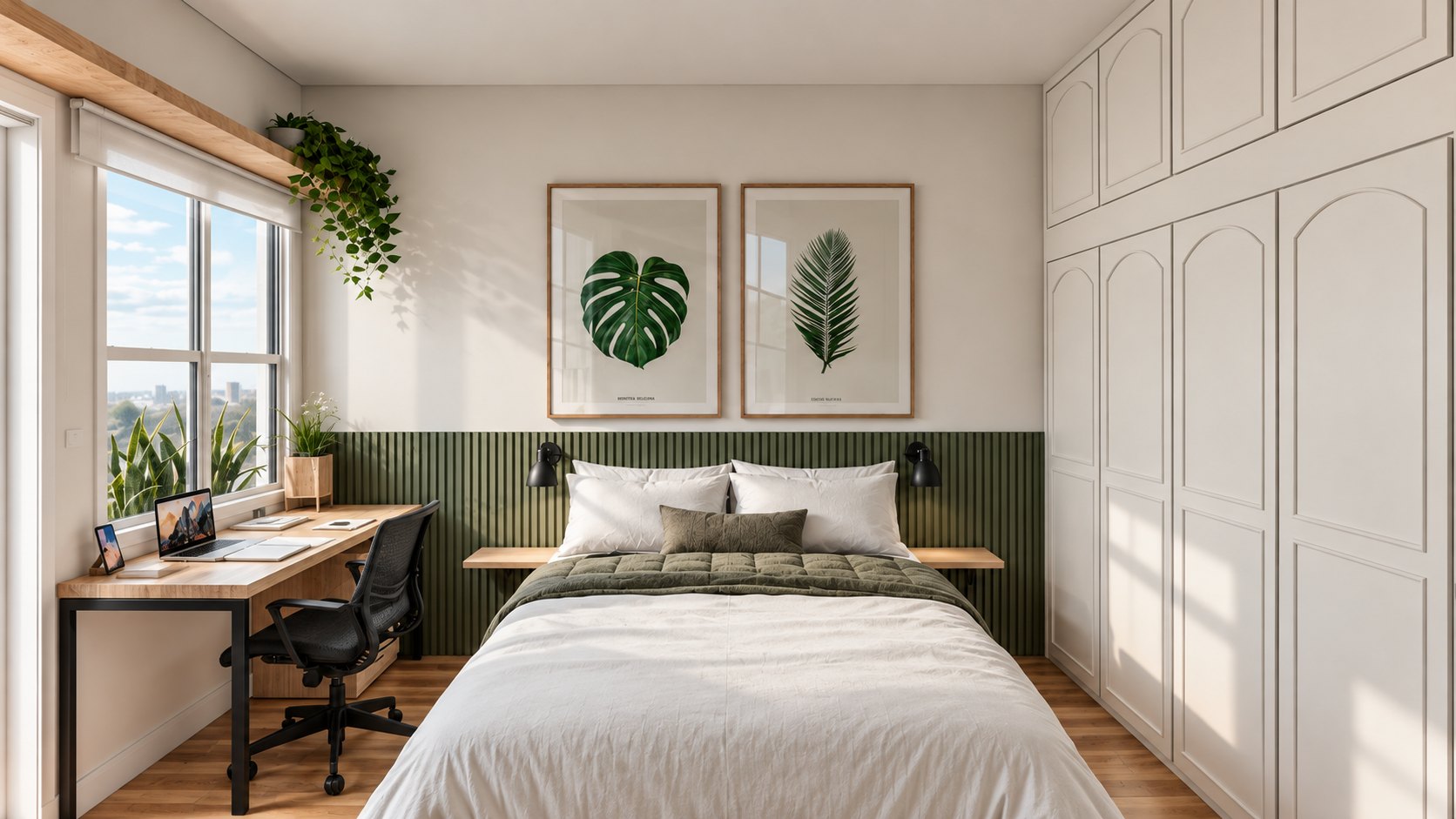 Quarto com painel ripado verde e home office
