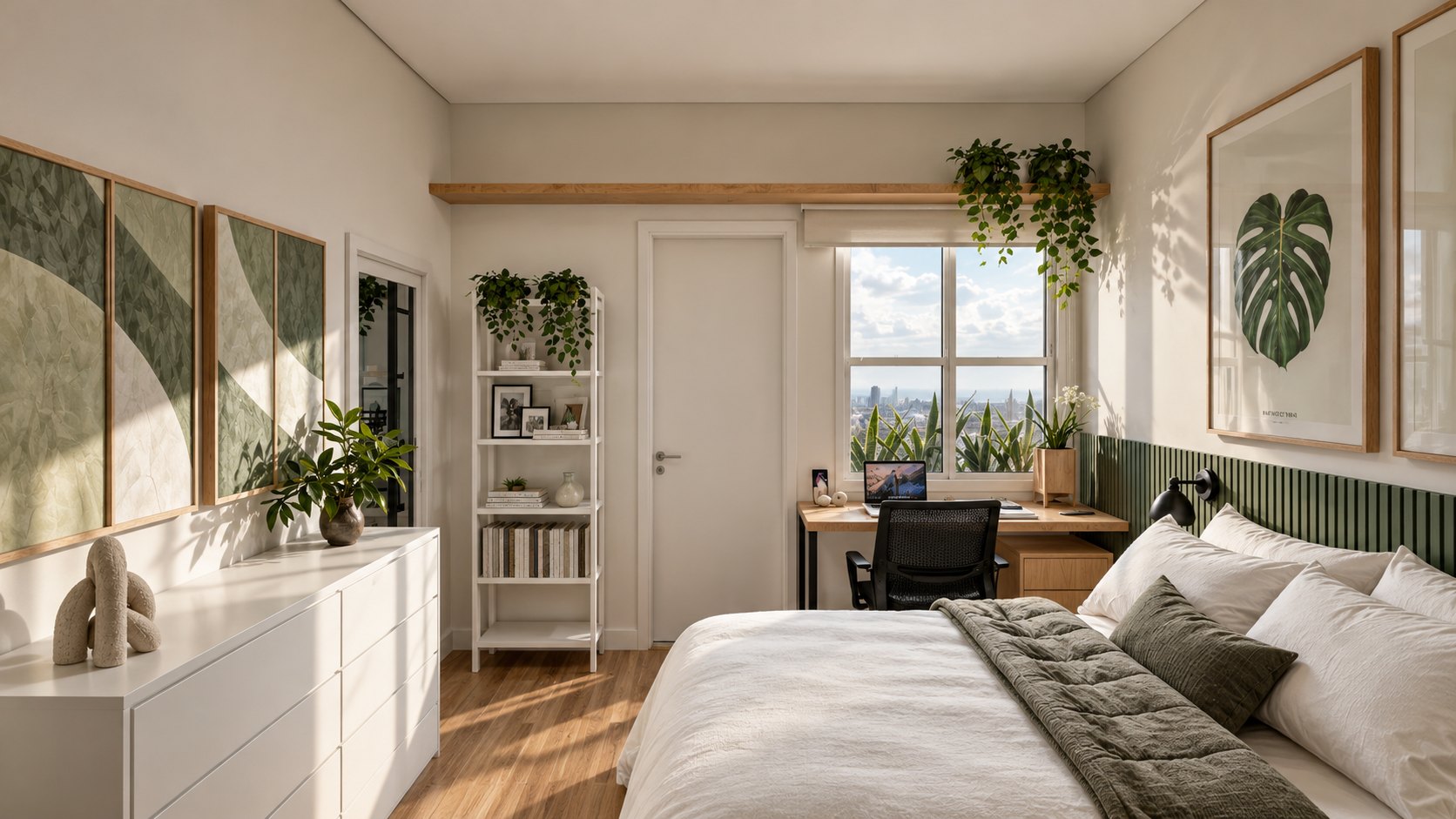 Quarto com home office junto à janela