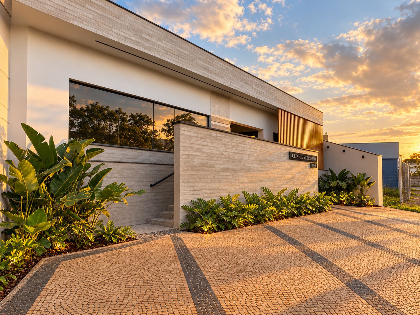 Fachada da clínica em Paulínia ao entardecer