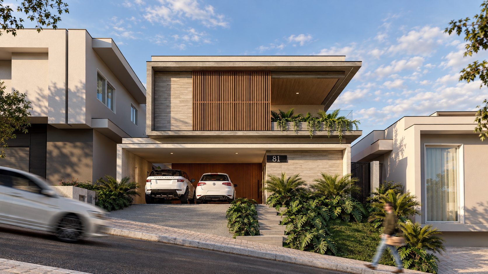 Render da fachada da casa em Jundiaí, de dia