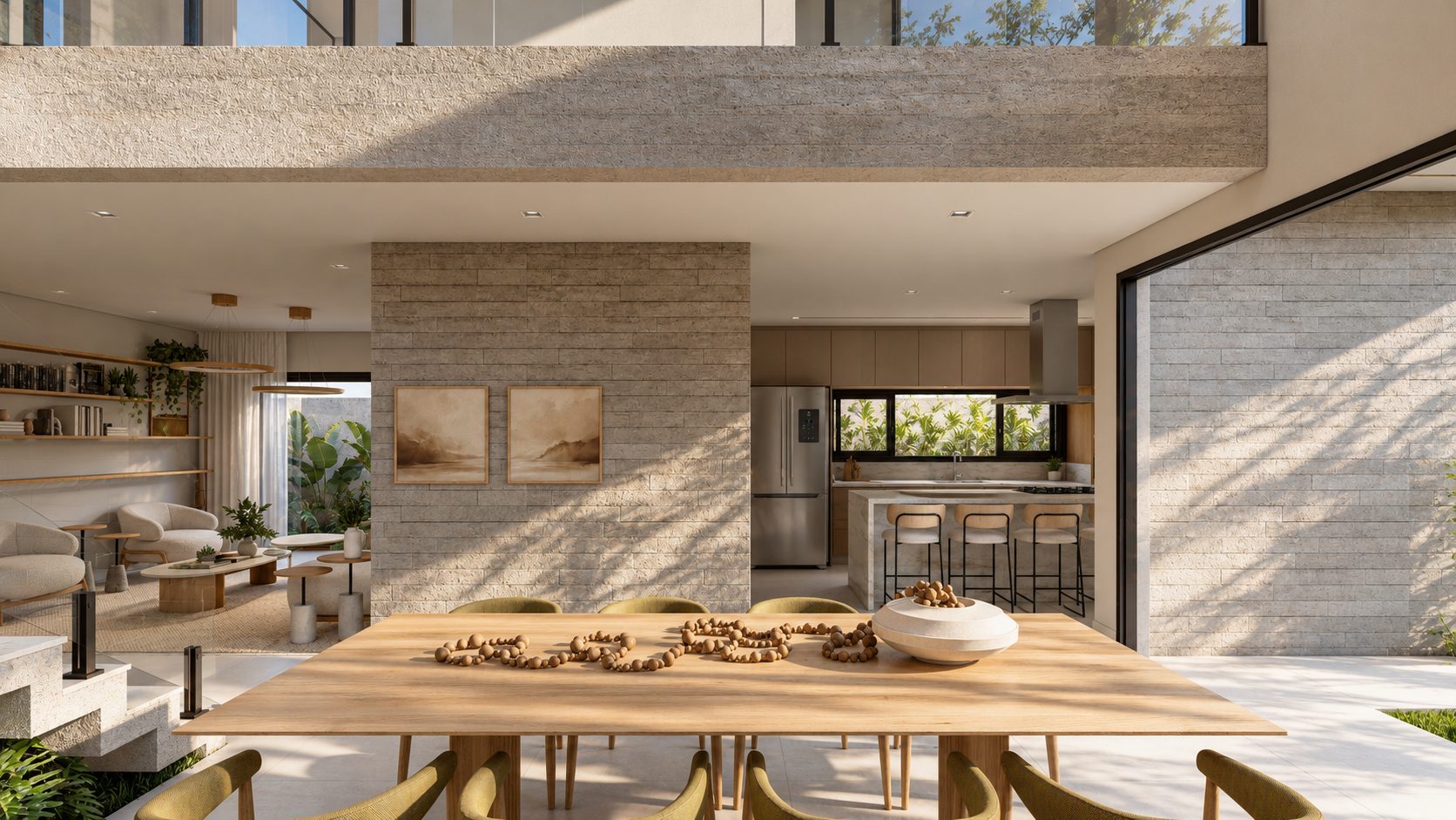 Render do jantar integrado à cozinha e ao estar