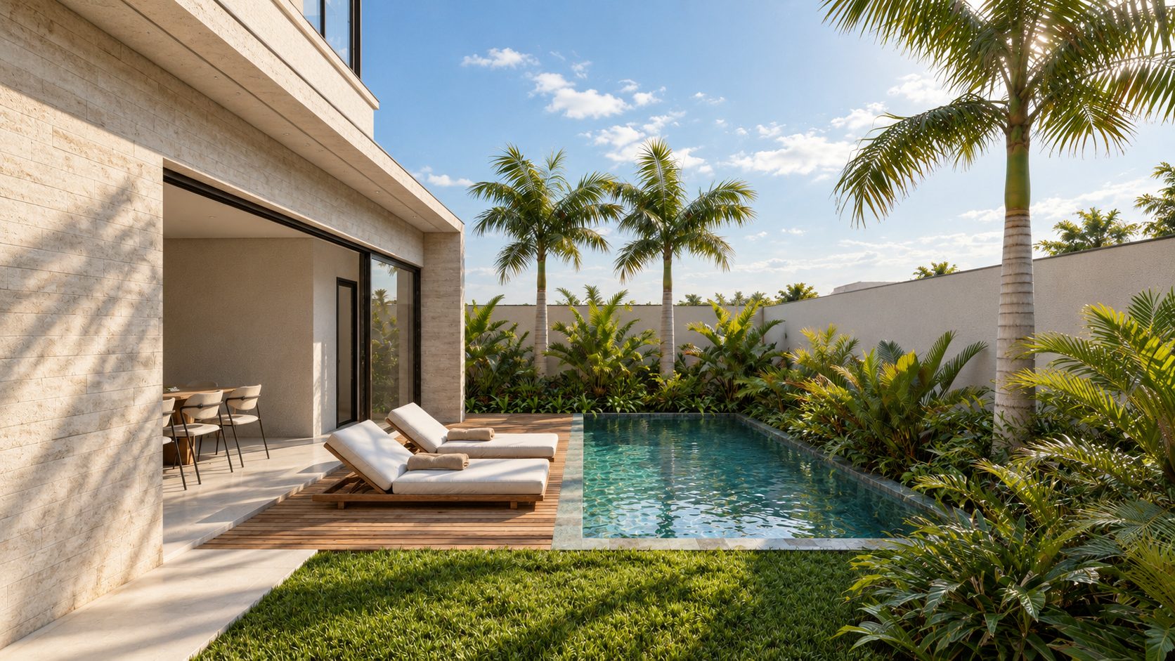 Render do jardim com piscina