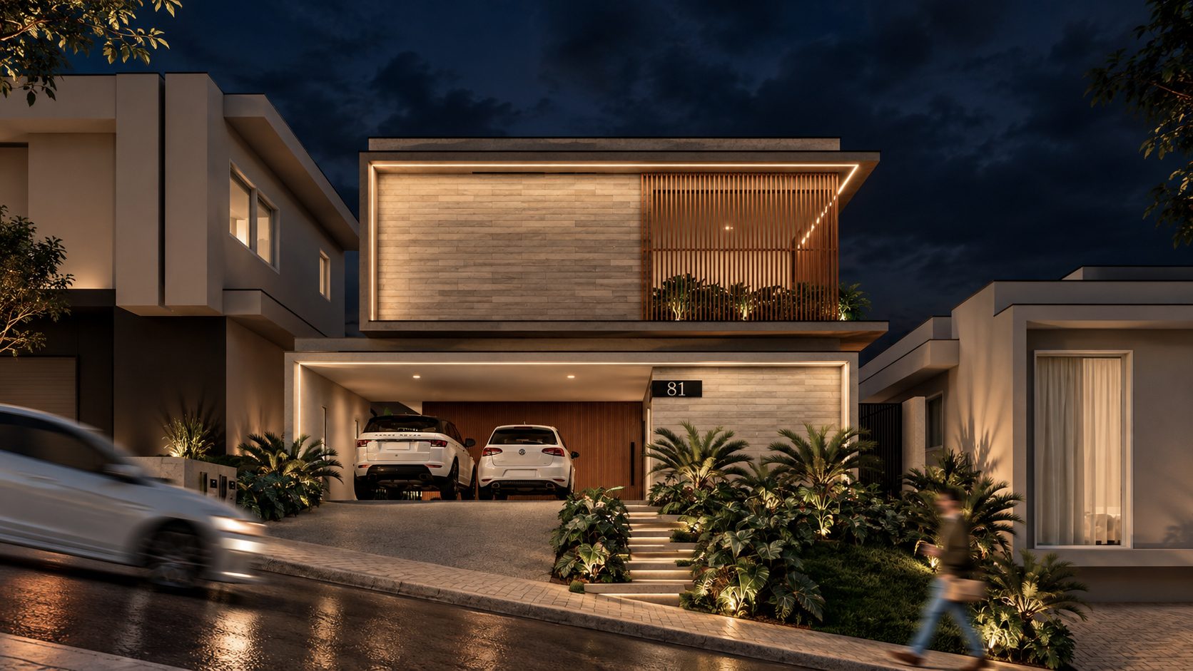 Render da fachada à noite