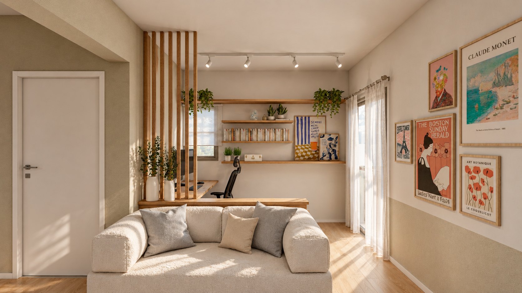 Home office atrás do painel ripado