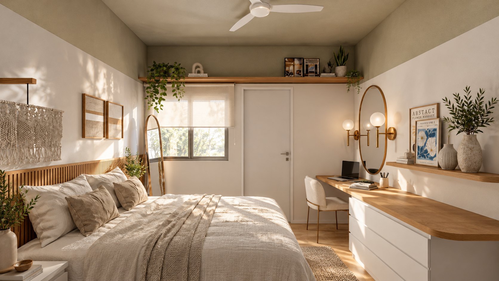 Quarto com bancada e espelho