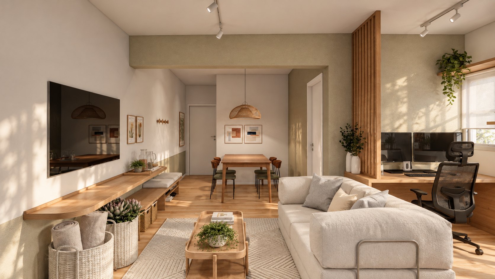 Sala integrada ao jantar e ao home office