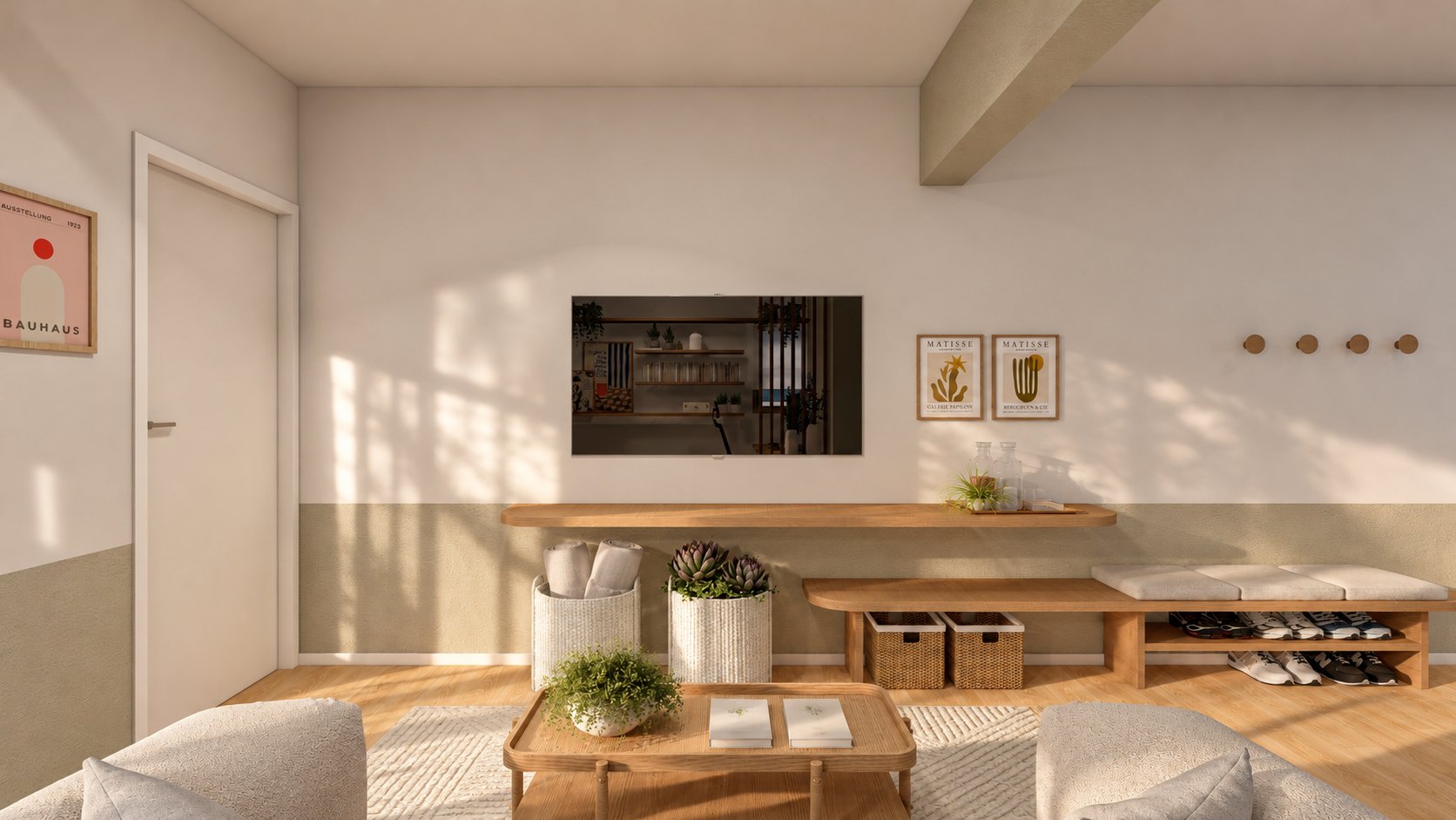 Parede da TV com banco e prateleira